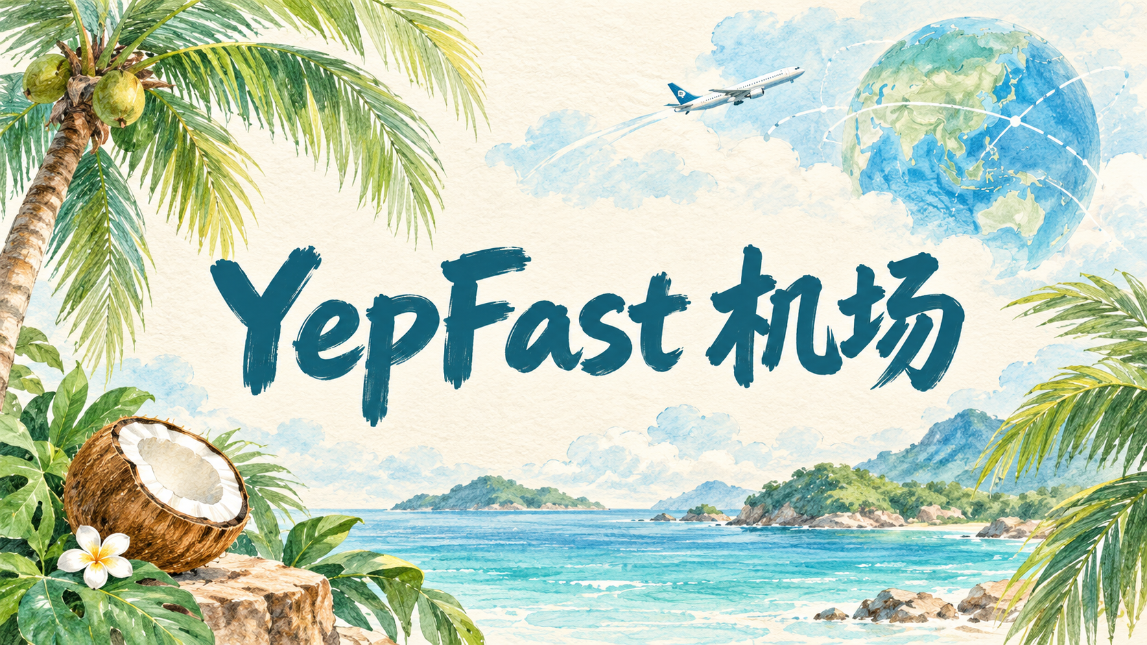 YepFast机场手绘封面：米白纸张上的椰子、棕榈叶、浅蓝云朵与深青色手写标题